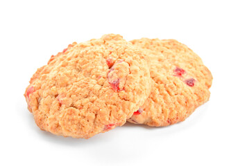 Tasty cranberry cookies on white background