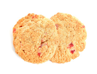 Tasty cranberry cookies on white background