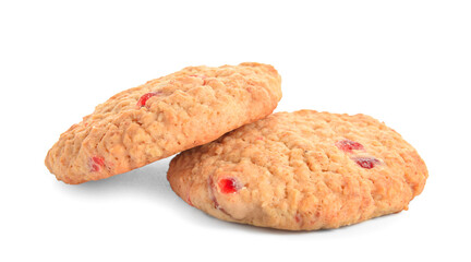 Tasty cranberry cookies on white background