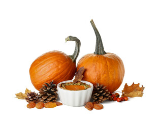 Autumn composition with pumpkins and pie on white background