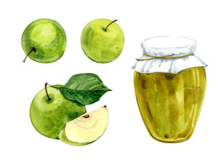 Watercolor clip art. Jam from green apples in a glass jar, whole apples and pieces. Hand drawing.