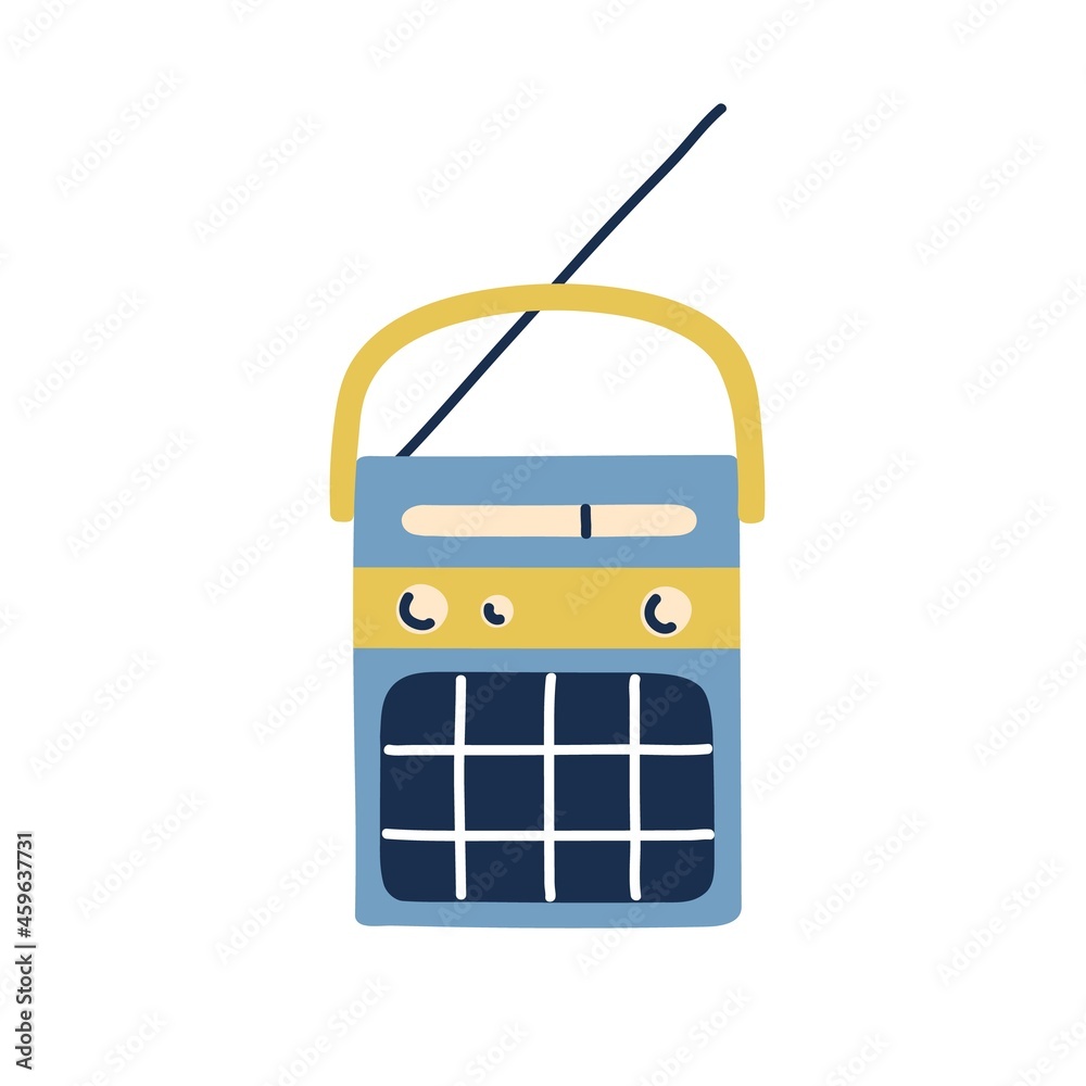 Poster retro portable radio with speaker and antenna. old music receiver with loudspeaker. small wireless a