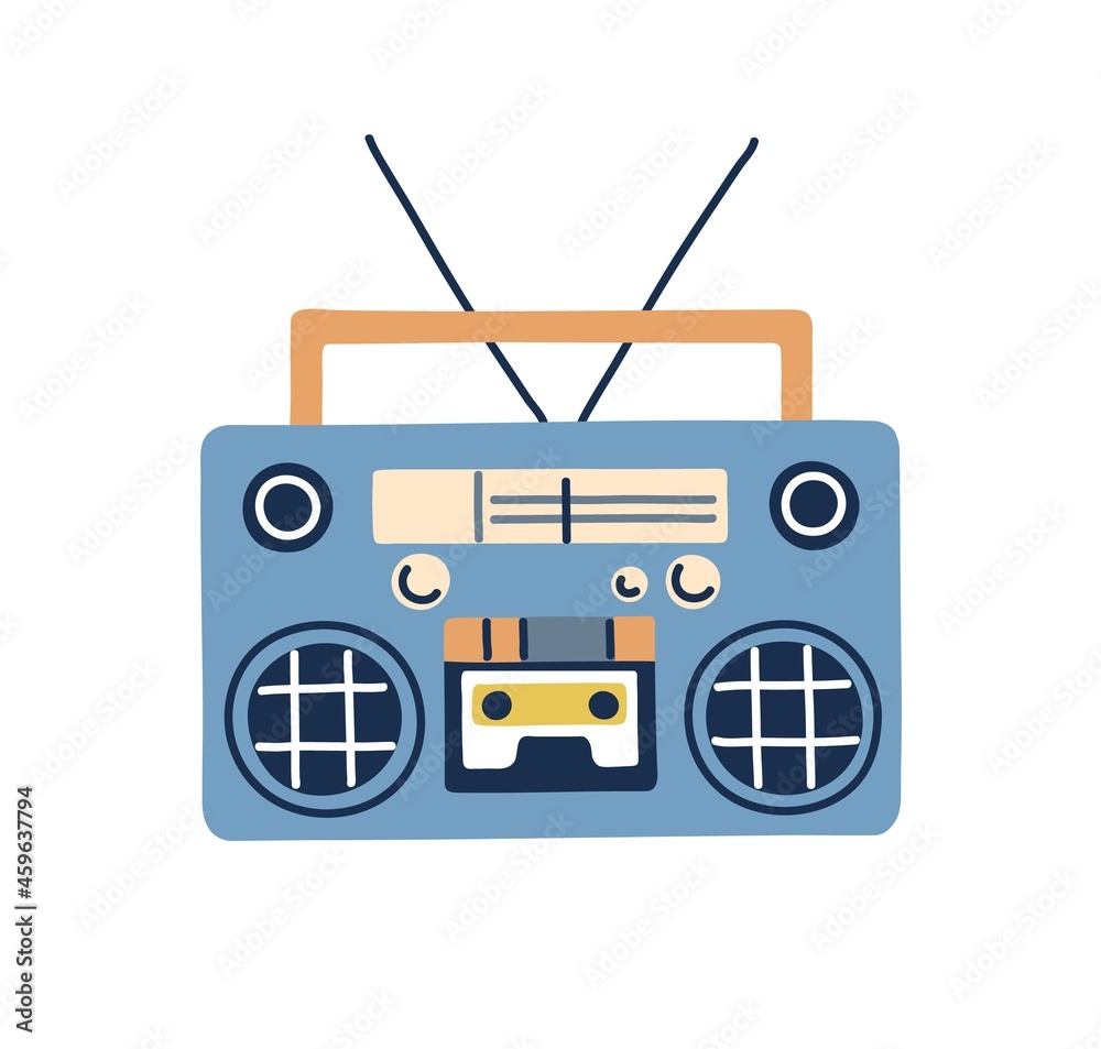 Poster retro boombox, audio tape recorder in 80s and 90s style. stereo music player with radio and loudspea