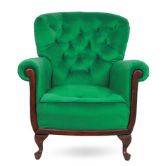 Elegant green classic armchair with pillow isolated on white.