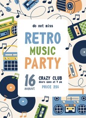 Flyer template for retro music party. Ad poster design for nostalgia musical event in 60s and 70s style. Advertising background with vinyl and cassettes frame. Flat vector illustration of promo card