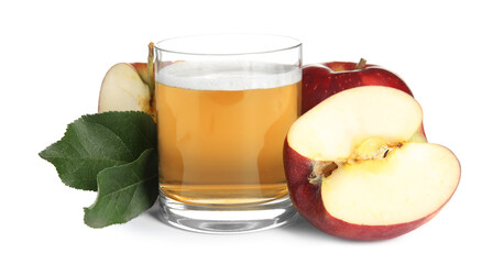 Delicious cider in glass near ripe apples on white background