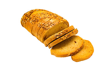 Freshly baked rye bread with bran and flax cut into slices. Isolated on white background