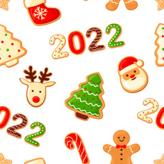 pattern 2022 new year and Christmas. santa claus, deer, Christmas tree, red caramel. cartoon style.