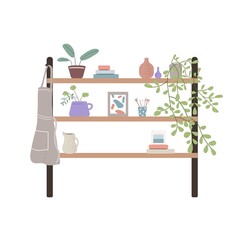 Standing shelf rack with home plants in pots, houseplants, books, pictures, vases, crocks and other decor. Room furniture with interior items. Flat vector illustration isolated on white background