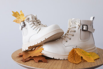Beautiful autumn shoes with yellow leaves on a white background.Place for text