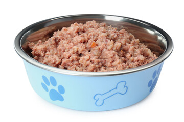 Fototapeta na wymiar Wet pet food in feeding bowl isolated on white