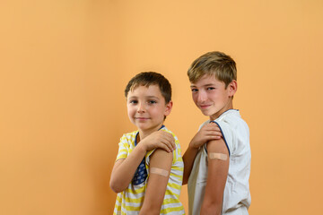 Portrait of two children showing their arm with a band-aid. Vaccine concept