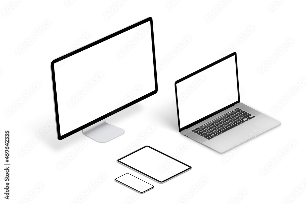 Poster Responsive devices mockup i isometric position with white background. Isolated computer display, laptop, tablet and phone display.