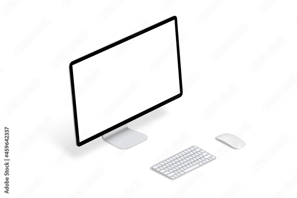 Poster Isolated computer display, keyboard and mouse in isometric position. Blank screen for mockup, app or web site design presentation