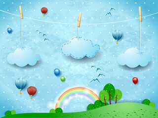 Fantasy landscape with hanging clouds and balloons. Vector illustration eps10