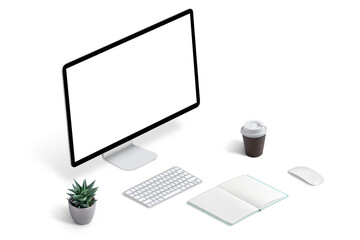 Creative workspace with computer display mockup, keyboard, plant, coffee, mouse and pad. Work at home concept.