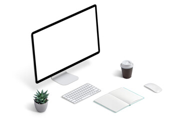 Fototapeta premium Creative workspace with computer display mockup, keyboard, plant, coffee, mouse and pad. Work at home concept.
