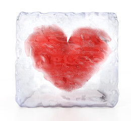 Red heart inside frozen ice cube. 3D illustration