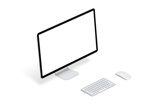 Isolated computer display, keyboard and mouse in isometric position. Blank screen for mockup, app or web site design presentation