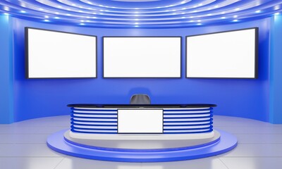 blue table and lcd background in a news studio room.3d rendering.	
