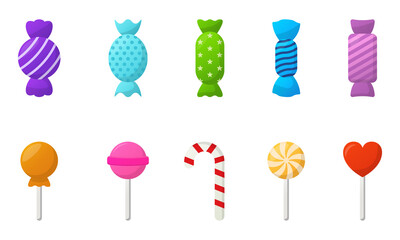 Collection of Cute Colorful Tasty Candies on White Background. Lollipop on Stick, Sweet Caramel, Hard Candy Set. Wrapped Chocolate Candy in Different Shape. Party Treats. Isolated Vector Illustration