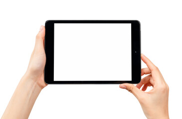 Close-up of hand holding black tablet isolated on white background with clipping path.