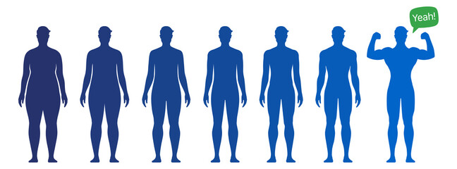 Man getting from fat to athlete in before and after fitness motivatIonal illustration. Weight loss and body improvement conceptual vector banner.