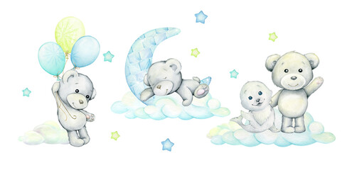 Polar bears, a seal, clouds, the moon, balloons, a set of watercolor concepts on an isolated background, in a cartoon style.