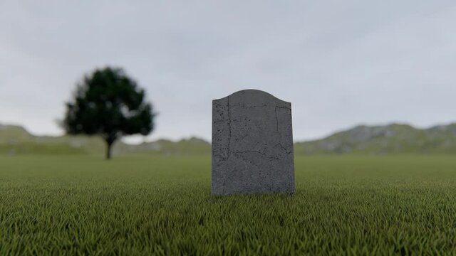 A single blank tombstone on a foggy meadow