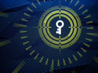 Sight is aiming for key icon detected during cyberspace research on hi-tech dark background. Illustration.