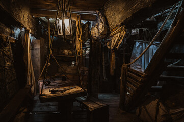 The interior of the cabin of the captain of a pirate ship. Inside view