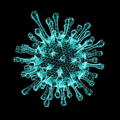 Virus as 3D mesh is detected on black background. 3D Illustration.