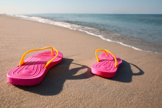 Pair of stylish flip flops on beach