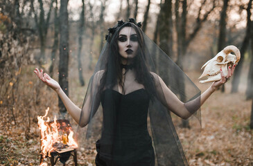 Brunette witch girl conjures in the forest conducts rituals with a fantasy skull nature magic in...