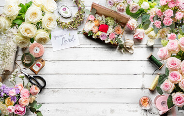 Various Fresh Flowers on Wooden Background Design Space