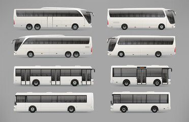 Realistic vector passenger coach bus set for your mock-up design. Travel Bus for brand identity design. Side view realistic Bus template	 - obrazy, fototapety, plakaty