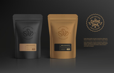 Coffee zip package stand-up pouch mockup for your brand presentation design - vector template. Coffee soul logo concept and paper food packaging