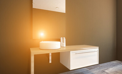 Spacious bathroom in gray tones with heated floors, freestanding tub. 3D rendering.. Sunset.