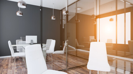 Open space office interior with like conference room. Mockup. 3D rendering.