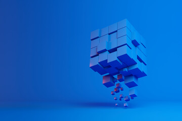 Three dimensional render of bunch of blue cubes floating against blue background