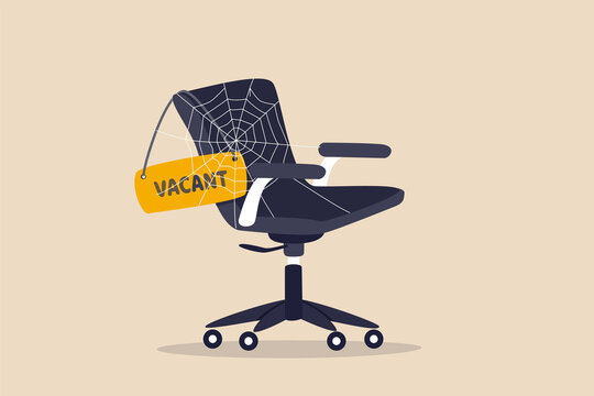 Labor shortage, worker needed not enough skill staff to fill in job vacancy, help wanted or employment demand concept, office chair with sign vacant covered by spider web metaphor of labor shortage.