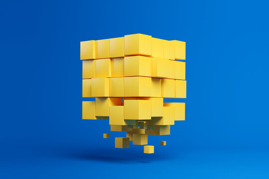 Fototapeta Three dimensional render of bunch of yellow cubes floating against blue background