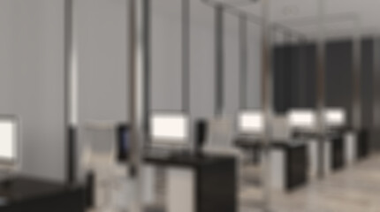 Bokeh blurred phototography. Modern office building interior. 3D rendering.