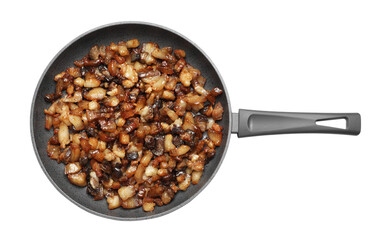 Tasty cracklings in frying pan isolated on white, top view. Cooked pork lard