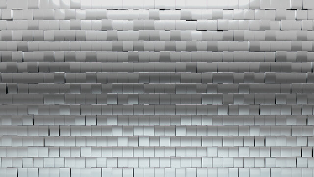 3D, Polished Mosaic Tiles arranged in the shape of a wall. Silver, Square, Bullion stacked to create a Glossy block background. 3D Render