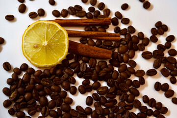 coffee beans and cinnamon sticks