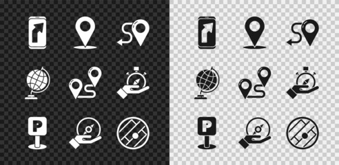 Set City map navigation, Location, Route location, Parking, Compass, Folded with, Earth globe and icon. Vector