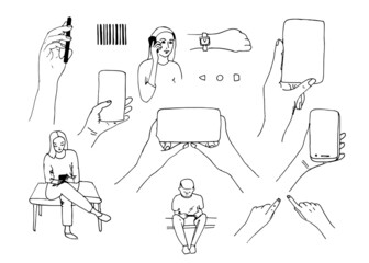 Set smartphone in doodle style isolated on white background. Hand drawn illustration hand holding a phone, woman talking on a mobile, people sitting and looking at the phone, barcode.