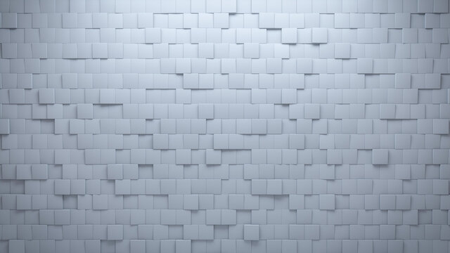 Square, Semigloss Mosaic Tiles arranged in the shape of a wall. White, Polished, Bricks stacked to create a 3D block background. 3D Render
