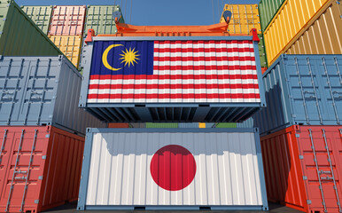 Freight containers with Malaysia and Japan national flags. 3D Rendering 